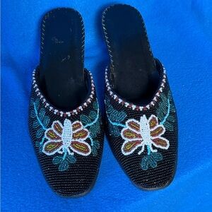 Peranakan‎ Beaded Butterfly Kitten Heel Mules Womens Sz 38 (US 7.5 Equiv)